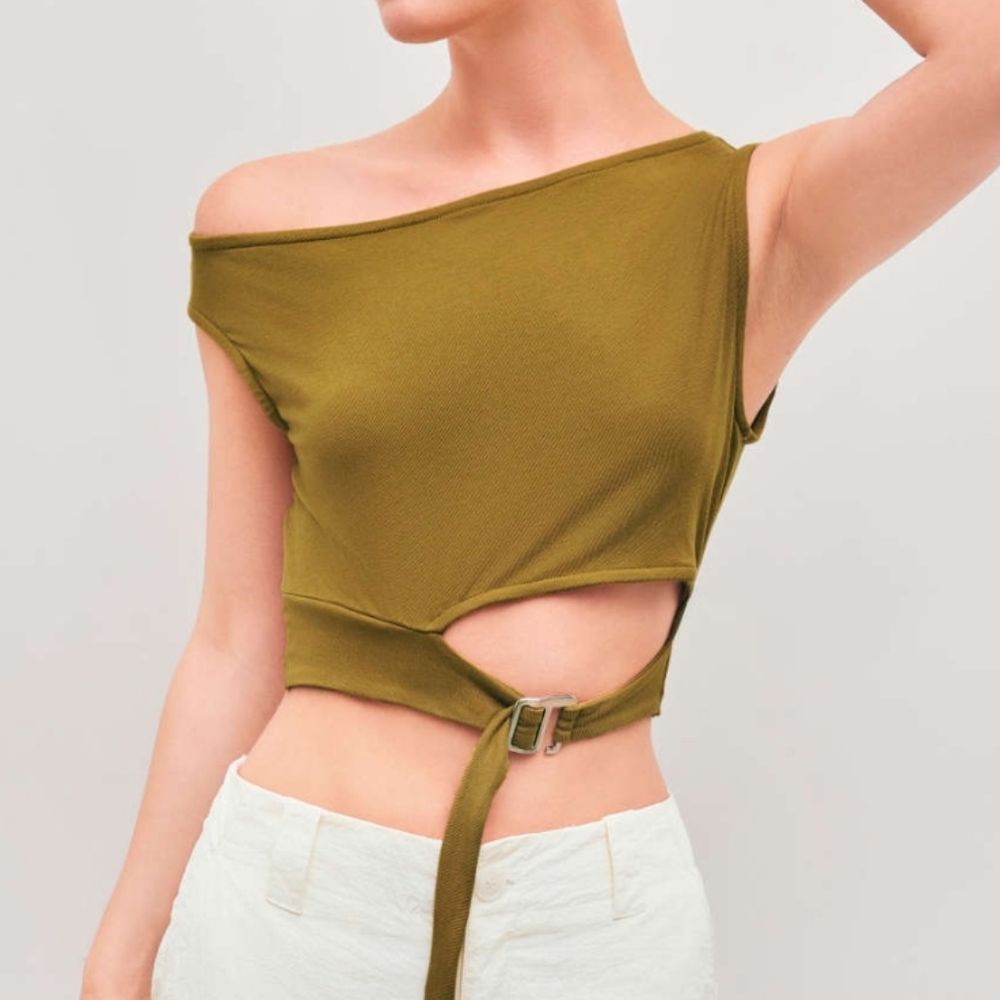 Cider Asymmetrical Neck Cut Out Solid Crop Short Sleeve Top